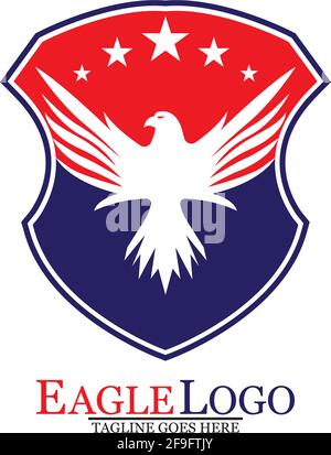 Modello con logo Eagle con uno scudo e stelle. Illustrazione vettoriale. Illustrazione Vettoriale
