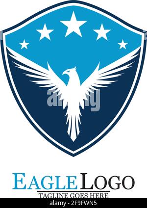 Modello con logo Eagle con uno scudo e stelle. Illustrazione vettoriale. Illustrazione Vettoriale