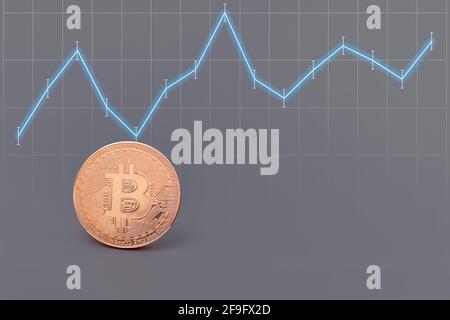 Concetto di fluttuazioni del tasso di criptovaluta. Moneta Bitcoin su sfondo grigio con grafico, spazio di copia. Volatilità Bitcoin. Fluttuazioni e previsioni di Foto Stock