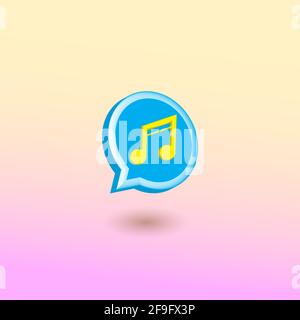 Blue Chat Bubble con nota musicale gialla, trasmessa via IR sedicesimo Nota in morbido colore di sfondo gradazione. Illustrazione vettoriale 3D creativa. Illustrazione Vettoriale