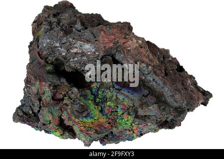 Goethite iridescente di Tharsi, Spagna isolato su sfondo bianco Foto Stock