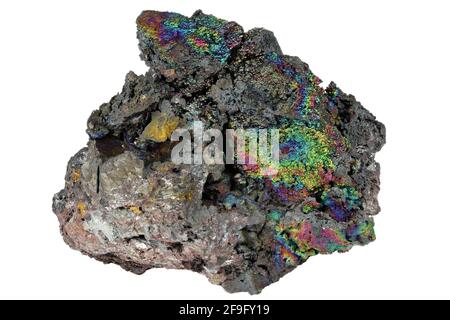 Goethite iridescente di Tharsi, Spagna isolato su sfondo bianco Foto Stock