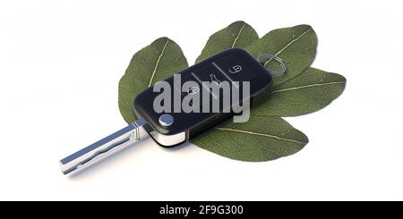 Concetto di auto ecocompatibile. Chiave dell'auto e foglia verde isolata su sfondo bianco, guida ecologica, assenza di inquinamento e trasporto delle emissioni. illustrazione 3d Foto Stock