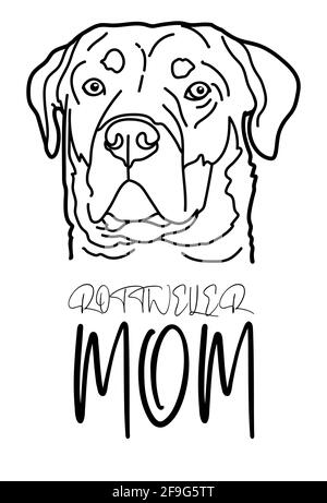 Rottweiler cane razza animale domestico ritratto e scritta a mano, Rottweiler mamma, isolato su sfondo bianco, illustrazione vettoriale. Illustrazione Vettoriale