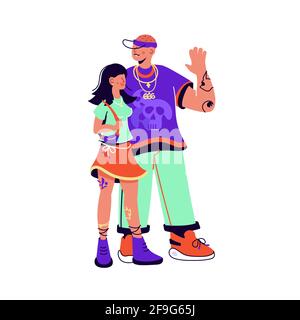 Illustrazione vettoriale di giovane coppia innamorata vestita con eleganti abiti alla moda e accessori su sfondo bianco. Uomo e donna design piatto colore. Ha Illustrazione Vettoriale