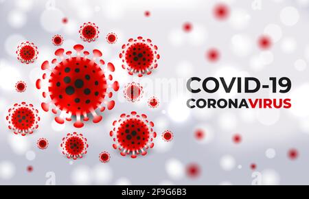 Cellule batteriche del coronavirus su sfondo bianco del vettore medico con tipografia. Cellule virali di colore rosso di covid19 realistiche. Corona virus covid-19 Illustrazione Vettoriale
