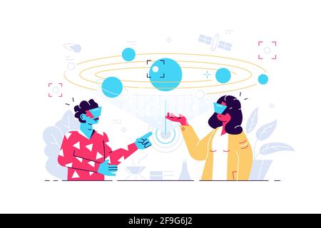 Illustrazione vettoriale dei personaggi di uomo e donna che utilizzano cuffie per la realtà virtuale su sfondo bianco. Giochi e godendo di effetti di occhiali VR colore piatto Illustrazione Vettoriale