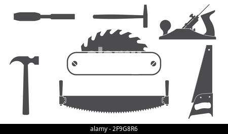 Attrezzi di carpenteria, modello di etichette. Emblema di segheria. Immagine vettoriale piatta isolata in bianco. Illustrazione Vettoriale