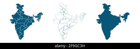 Insieme di mappe politiche dell India con regioni isolate su bianco Illustrazione Vettoriale