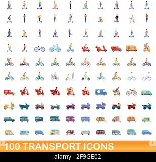 100 trasporto set di icone. Cartoon illustrazione di 100 trasporti icone set di vettore isolato su sfondo bianco Illustrazione Vettoriale