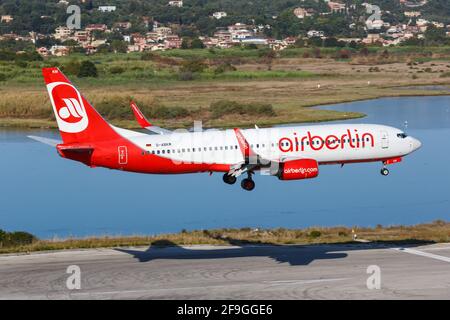 Corfù, Grecia – 14. Settembre 2017: Air Berlin Boeing 737 all'aeroporto di Corfù (CFU) in Grecia. Boeing è un costruttore di aeromobili con sede a Seattle, Washi Foto Stock