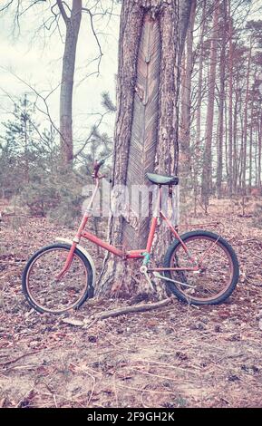 Vecchia bici rotta in una foresta, colore immagine tonata. Foto Stock