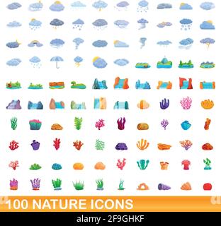 100 natura set di icone. Cartoon illustrazione di 100 natura icone set di vettore isolato su sfondo bianco Illustrazione Vettoriale