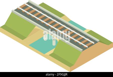 Icona del ponte ferroviario sul fiume. Isometrica del vettore del ponte ferroviario del fiume per il web design isolato su sfondo bianco Illustrazione Vettoriale