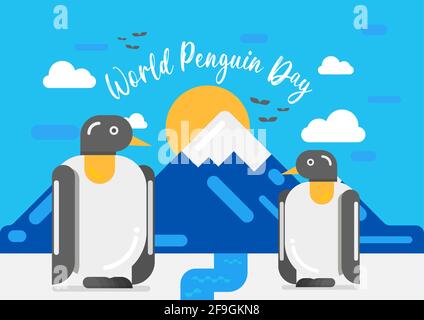 Poster del giorno dei Pinguini del mondo, regione dell'Icy fredda, scenario dell'Antartide con iceberg e pinguini, banner vettoriale di illustrazione Illustrazione Vettoriale
