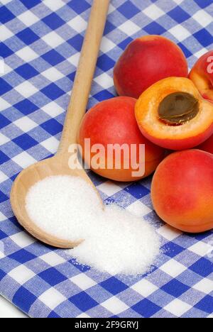 Albicocche (Prunus armeniaca) , cucchiaio da cucina con zucchero Foto Stock