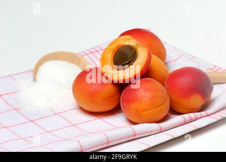 Albicocche (Prunus armeniaca) , cucchiaio da cucina con zucchero Foto Stock