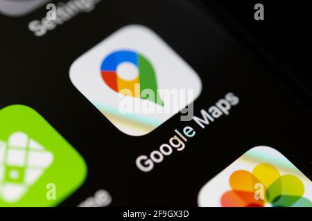 Google Maps, Online Karten Dienst, Logo, App-Icon, Anzeige auf einem Bildschirm vom Handy, smartphone, Makroaufnahme, dettaglio, formatfuellend Foto Stock