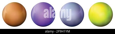 Set con palline colorate in vetro. Sfera realistica lucida, illustrazione vettoriale astratta 3D evidenziata su uno sfondo bianco. Grande bolla di metallo con ombra Illustrazione Vettoriale