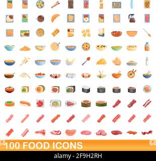 100 food set di icone. Cartoon illustrazione di 100 food icone set di vettore isolato su sfondo bianco Illustrazione Vettoriale