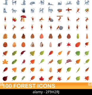 100 set di icone di foresta. Illustrazione cartoon di 100 icone di foresta vettore insieme isolato su sfondo bianco Illustrazione Vettoriale