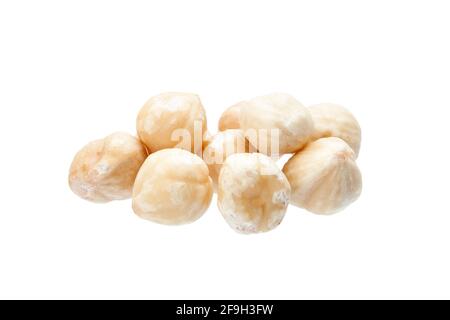 nocciole pelate noce mazzo rotondo primo piano di proteine cibo sano isolato su sfondo bianco, nessuno. Foto Stock