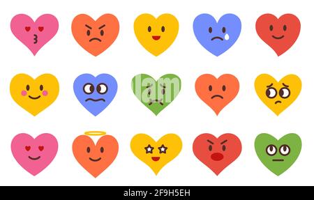 Set di icone del simbolo dell'amore. Colore cuori simmetrici emoji. Collezione romantica astratta di forme diverse. Elemento decorativo per scheda invito. Isolato su un'illustrazione vettoriale bianca in uno stile piatto. Illustrazione Vettoriale