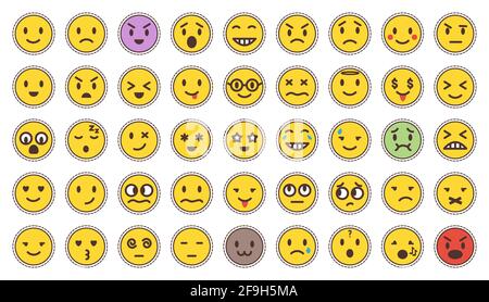 Set emoji adesivi cartoon Stripe. Etichetta vettoriale per il prelievo di emoticon di colore giallo, isolata su bianco. Umore e sorrisi facciali. Divertenti, arrabbiati, felici e tristi volti icone web per il messaggio. Illustrazione Vettoriale