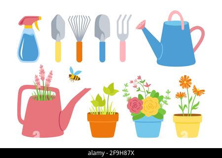 Attrezzi di giardinaggio e fiori nel set piatto di cartone animato. Piante di casa rose e lavanda, pala, rastrello, spruzzare che annaffiatura può. Attrezzatura di lavoro disegnata a mano. Illustrazione vettoriale per la raccolta di attrezzature da costruzione Illustrazione Vettoriale