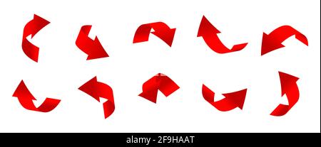 Frecce curve rosso gradiente 3d impostate. Icone del cursore o della direzione. Freccia realistica attorcigliata in varie direzioni. Oggetto infografico un segno del puntatore. Navigazione arrotondata. Illustrazione vettoriale isolata Illustrazione Vettoriale