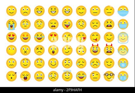 Divertente fumetto emoji di gradiente giallo. Simbolo di emozione del volto o dell'umore per gli oggetti dell'app di chat digitale. Volti che esprimono pazzi, divertenti, tristi, arrabbiati. Emoticon in maschera. Isolato su illustrazione vettoriale bianca Illustrazione Vettoriale