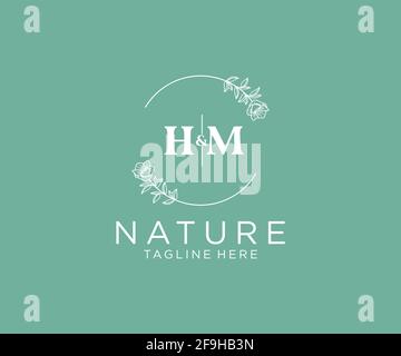 HM Letters Logo femminile botanico modello floreale, modificabile monoline logo pre-made adatto, Luxury wedding branding femminile, corporate. Illustrazione Vettoriale