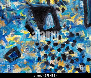 Olio verniciato blu d'impasto, nero e oro. Contemporaneo interno astratto espressivo pittura moderna. Foto Stock