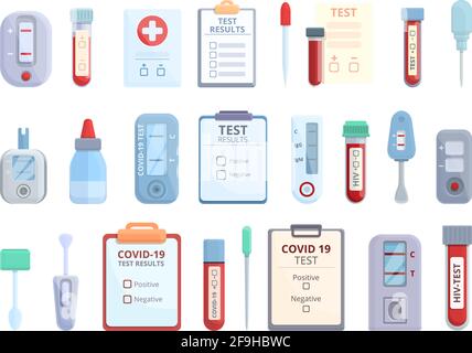 Set di icone dei risultati delle analisi. Set di cartoni animati di icone vettoriali dei risultati dei test per il web design Illustrazione Vettoriale