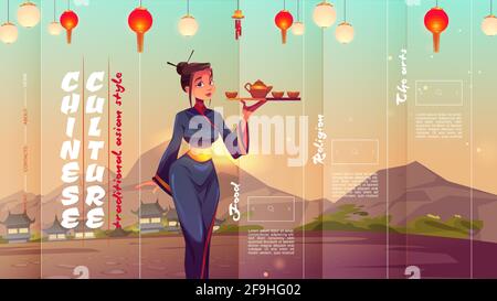 La pagina di atterraggio dei cartoni animati della cultura cinese con la donna asiatica indossa il vassoio tradizionale del trasporto del kimono con la pentola e le tazze per la cerimonia del tè sugli edifici autentici della Cina e sul paesaggio di montagna, banner Web di Vector Illustrazione Vettoriale