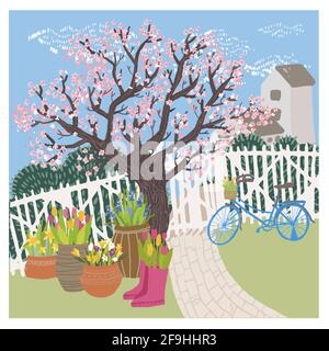 Giardino o cortile di casa, sakura albero in primavera Illustrazione Vettoriale