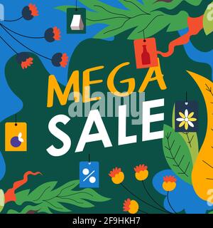Striscione promozionale Mega sale con fogliame di foglie Illustrazione Vettoriale