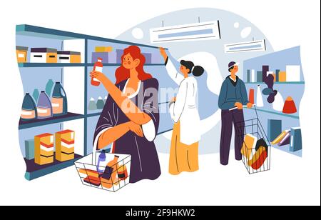 Acquisto e acquisto di prodotti presso il negozio di alimentari Illustrazione Vettoriale