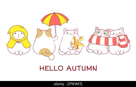 Ciao autunno. Collezione autunnale di carini gatti grassi in sciarpe, impermeabile, con ombrello e foglia d'acero. Set di graziosi gatti in stile kawaii. Illustrazione vettoriale Illustrazione Vettoriale