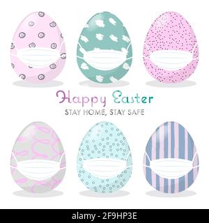 Buon concetto di Pasqua con uova di Cartoon in maschera medica protettiva per evitare Coronavirus, soggiorno a casa e rimanere sicuro. Festa di Pasqua durante Illustrazione Vettoriale