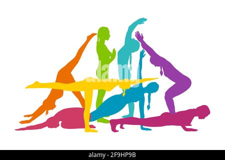 Arcobaleno donne silhouette praticare yoga asana. Donna sportiva nei movimenti di yoga. Illustrazione vettoriale isolata su sfondo bianco Illustrazione Vettoriale