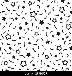 Motivo senza cuciture con piccole stelle, punti e tratti arrotondati sullo sfondo bianco. Illustrazione vettoriale. Fuochi d'artificio magici. Stardust memphis backgrou Illustrazione Vettoriale