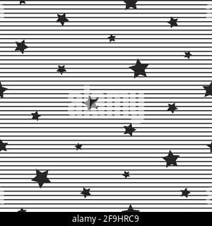 Motivo astratto senza cuciture con piccole stelle nere nitide e linee su sfondo bianco. Illustrazione vettoriale con striping. Cielo magico. Sfondo di Stardust. BL Illustrazione Vettoriale