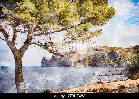 Isola di Maiorca nel Mediterraneo, Spagna. Acquarello, illustrazione acquerello. Foto Stock