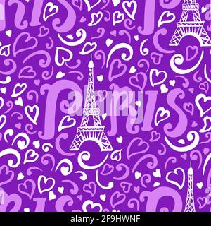 Ripetizione senza giunture. Torre Eiffel con scritta Parigi. Moderno design viola brillante per le ragazze dei bambini. Cuori astratti e disegno della mano di swirl. Vettore Illustrazione Vettoriale