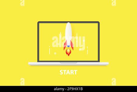Il concetto di un inizio di successo. Avvio, grande idea e creatività. Un computer portatile con un razzo che vola verso l'alto su uno sfondo giallo decolli. Ve Illustrazione Vettoriale