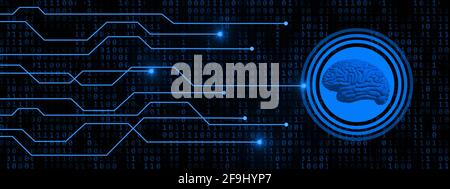 Cervello umano simbolico per intelligenza artificiale su pulsante con informazioni che collegano linee su sfondo codice binario - astratto cyber tecnologia Foto Stock