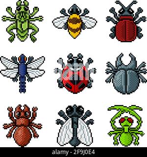 Bug Insect pixel Art Video gioco Beetle 8 bit icone Illustrazione Vettoriale