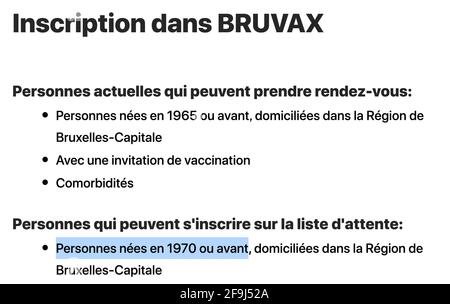 L'immagine mostra il sito web BruVax per registrarsi come riserva per una vaccinazione Covid-19, lunedì 19 aprile 2021 a Bruxelles. Il websi Foto Stock