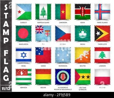 Timbro con modello ufficiale di bandiera del paese e vecchia grana e nome del paese . Forma quadrata . Vettore . Set 11 di 12 su questa serie ( tutti i paesi Illustrazione Vettoriale